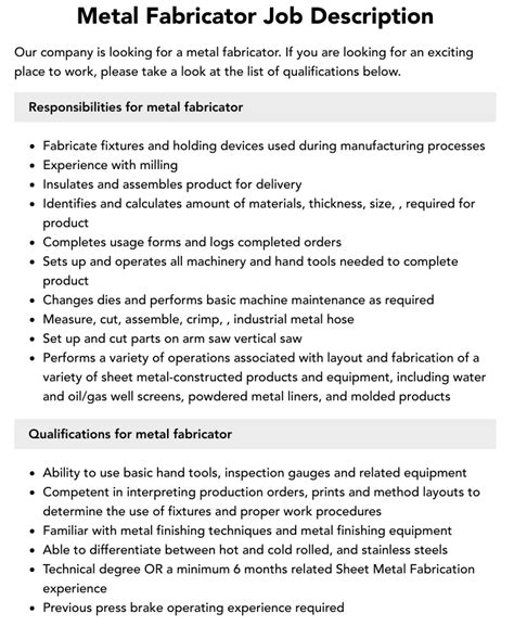 metal fabricators welding|fabricator duties and responsibilities.